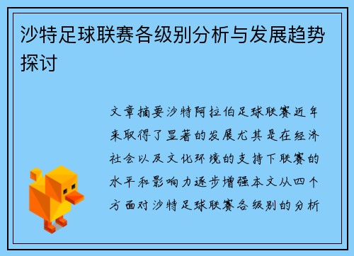 沙特足球联赛各级别分析与发展趋势探讨