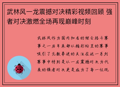 武林风一龙震撼对决精彩视频回顾 强者对决激燃全场再现巅峰时刻