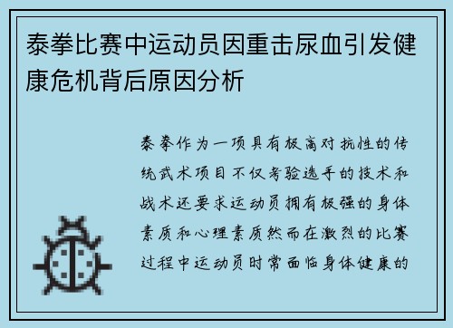 泰拳比赛中运动员因重击尿血引发健康危机背后原因分析